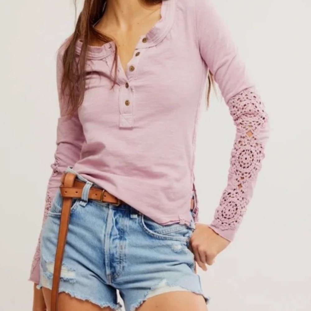 Free People We The Free Our Song Henley Crocheted Cuffs in Candied Lilac
